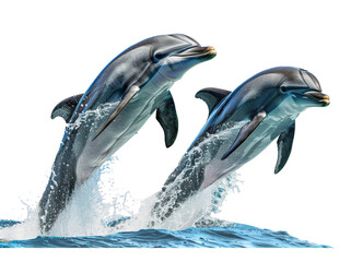 Two dolphins jumping from ocean water isolated on transparent background