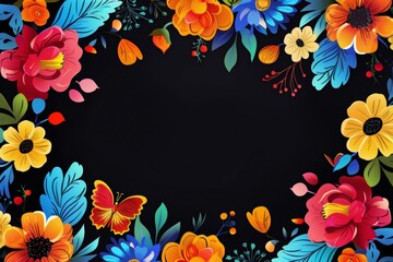 Wall Mural - Frame made of colorful flowers. Floral abstract border on black background. Mexican traditional folk art pattern. Cinco de Mayo. Template with copy space for  greeting card, wedding, party invitation