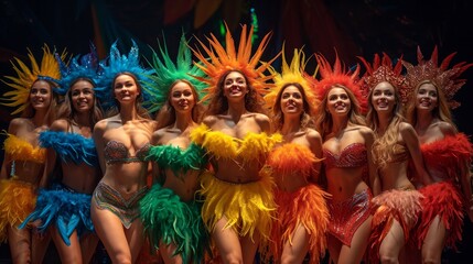 Wall Mural - Diverse Group of Performers in Colorful Carnival Costumes with Feathers