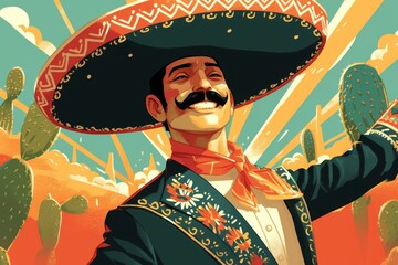 Portrait of mexican man in bright garment and sombrero. Cartoon character for Cinco de Mayo party,  fiesta. Independence day, Viva Mexico. Greeting card, banner with latino men in national costume