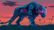 Capture a vigilant robotic lioness, poised in the savanna under the twilight, with sparkling digital eyes and sleek metallic fur, ready to pounce