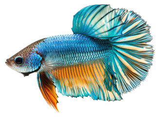 Blue betta fish displaying ornate fins and vibrant colors isolated on transparent background