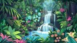 Craft a digital painting of a utopian garden paradise with cascading waterfalls, colorful exotic flora, and harmonious wildlife viewed from a worms-eye perspective Incorporate symbols representing str