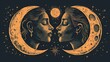 Celestial Beauty: Sun and Moon Faces in Harmonious Symmetry Surrounded by Stars