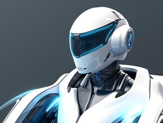 Wall Mural - a robot with a helmet and a light blue body is standing in front of a dark background