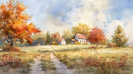 Wall Mural - A painting of a rural landscape with a house and a barn