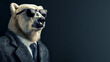 Cool looking polar bear wearing sunglasses, suit and tie isolated on dark background. Copy space for text on the side.