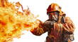 © David - Brave firefighter attacking large fire with water hose isolated on transparent background