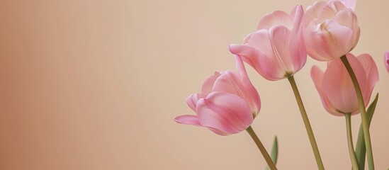 Canvas Print - A close-up image of pink tulip flowers against a beige background with space for text. A floral design suitable for a botanical poster.