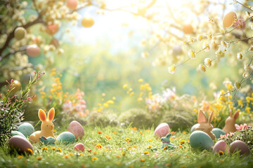 Wall Mural - A sunlit meadow adorned with whimsical Easter decorations, capturing the spirit of the festive season.