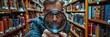 man in a library examines a book through a magnifying glass, searching for clues in a mysterious case.