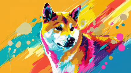 Wall Mural - Portrait of shiba dog in colorful pop art comic style painting illustration.