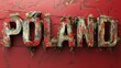Textured Letters Spelling 'POLAND' on a Vibrant Red Background with Moss