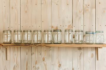 Wall Mural - A row of empty glass jars on a plain wooden shelf.