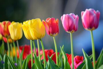 Wall Mural - A row of colorful tulips bending slightly under a gentle spring breeze.