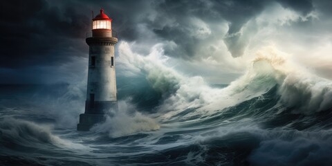 Poster - Lighthouse in stormy ocean