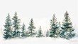 A watercolor painting of a minimal scene of snowcovered pine trees, serene and quiet, on a white background