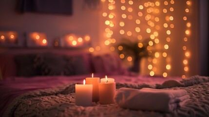 Wall Mural - As the night falls the candles become the main source of light in the bedroom creating a magical feel. 2d flat cartoon.