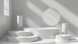 Monochromatic 3D rendering of various geometric shapes including cylinders, spheres, and cubes, illustrating a study of light and shadow in a neutral setting.