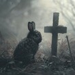 A somber image of a bunny on a cross, with a sense of solemnity and contemplation 8K , high-resolution, ultra HD,up32K HD