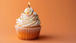 Fresh and tasty cupcake with candle on orange background