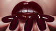 The image showcases a close-up of a person’s lips and nails, both adorned in a matching glossy burgundy shade