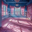 striking pink and blue boxing ring illuminated by a luxurious chandelier, ready for combat in a dramatic setting.