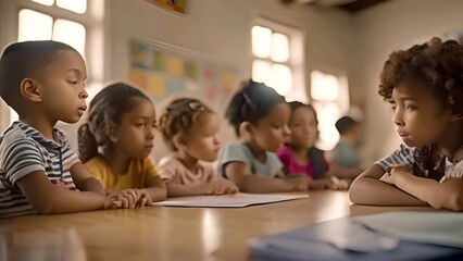 Poster - Group of Children Sitting at a Table in a Classroom Generative AI