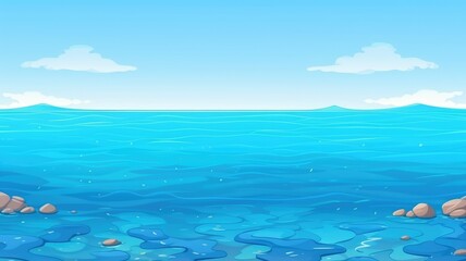 Wall Mural - Vibrant underwater cartoon illustration with diverse aquatic plants and clear blue waters against distant mountains