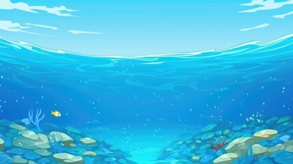 Wall Mural - Enchanting underwater cartoon illustration showcasing a vibrant marine ecosystem with playful fish and corals