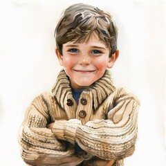 Poster - Happy Boy in Sweater: Watercolor Sketch on White Background