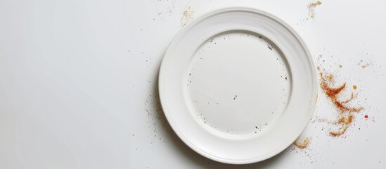 Top-down perspective of an empty plate, soiled after the meal, set apart with ample room for text on the right side.