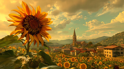Wall Mural - The image features a vibrant sunflower in the foreground, with a picturesque town in the background