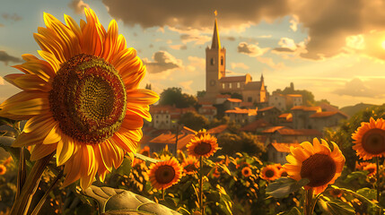 Wall Mural - The image features a vibrant sunflower in the foreground, with a picturesque town in the background