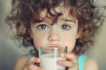 Cute curly-haired child drinking milk