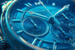 intricate blue watch face is the focal point, showcasing its details and craftsmanship up close.