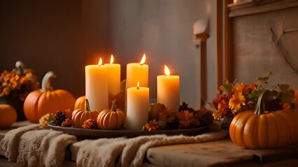 Poster - Table Adorned With Candles and Pumpkins Generative AI