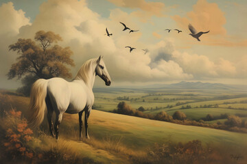 Wall Mural - vintage painting art, horse in landscape with birds and clouds