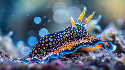 Sticker - Nudibranch Sea Slug: The central focus of the image is a striking nudibranch, which is a type of sea slug. Its body displays a mesmerizing array of colors, including vibrant orange, black
