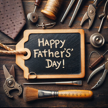 Happy Fathers Day message on a chalkboard tag with frame of tools and ties on a wooden background, vintage style illustration created with generative ai.