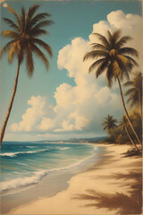 Wall Mural - vintage painting art, beach with palms and clouds, vertical orientation