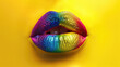 A woman's lips are painted with rainbow colors on a yellow background,