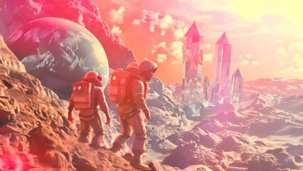 Wall Mural - Astronauts Exploring Alien Planet with Crystals with Ai generated.
