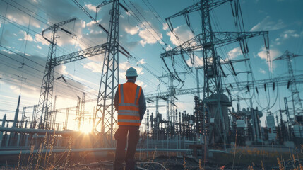 Canvas Print - Professional Engineer Inspecting Modern High-Voltage Equipment at Substation