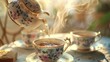 © Justlight - A charming vintage teapot pouring steaming hot tea into delicate china cups the quintessential image of a hightea afternoon.