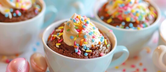 Wall Mural - Close-up image of individual servings of homemade mug cakes topped with protein. Single portion, single serving birthday cake.