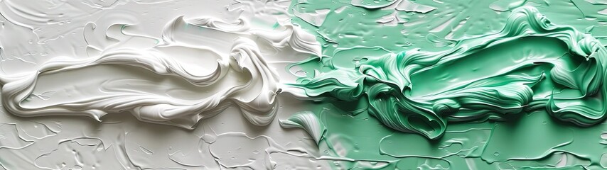 Dynamic abstract background with a mixture of white and mint-green oil paint strokes, can be utilized for printed materials such as brochures, flyers, and business cards.