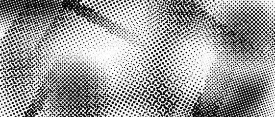 Poster - Halftone grunge texture. Distorted rough dirty scratched background. Dotted glitch punk textured wallpaper for banner, poster, flyer, print, overlay, magazine. Distress scuffed vector grunge backdrop