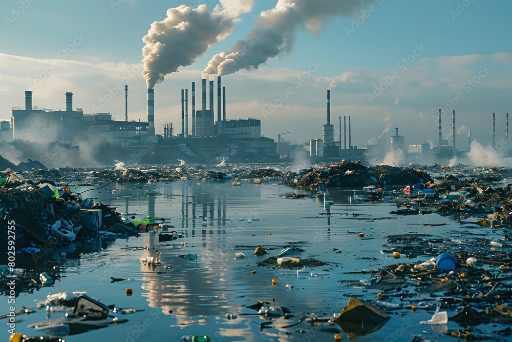 Severe industrial pollution with a littered waterfront and smokestacks ...