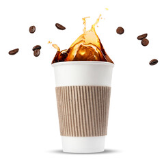 Wall Mural - Aromatic coffee splashing in takeaway paper cup and flying roasted beans on white background